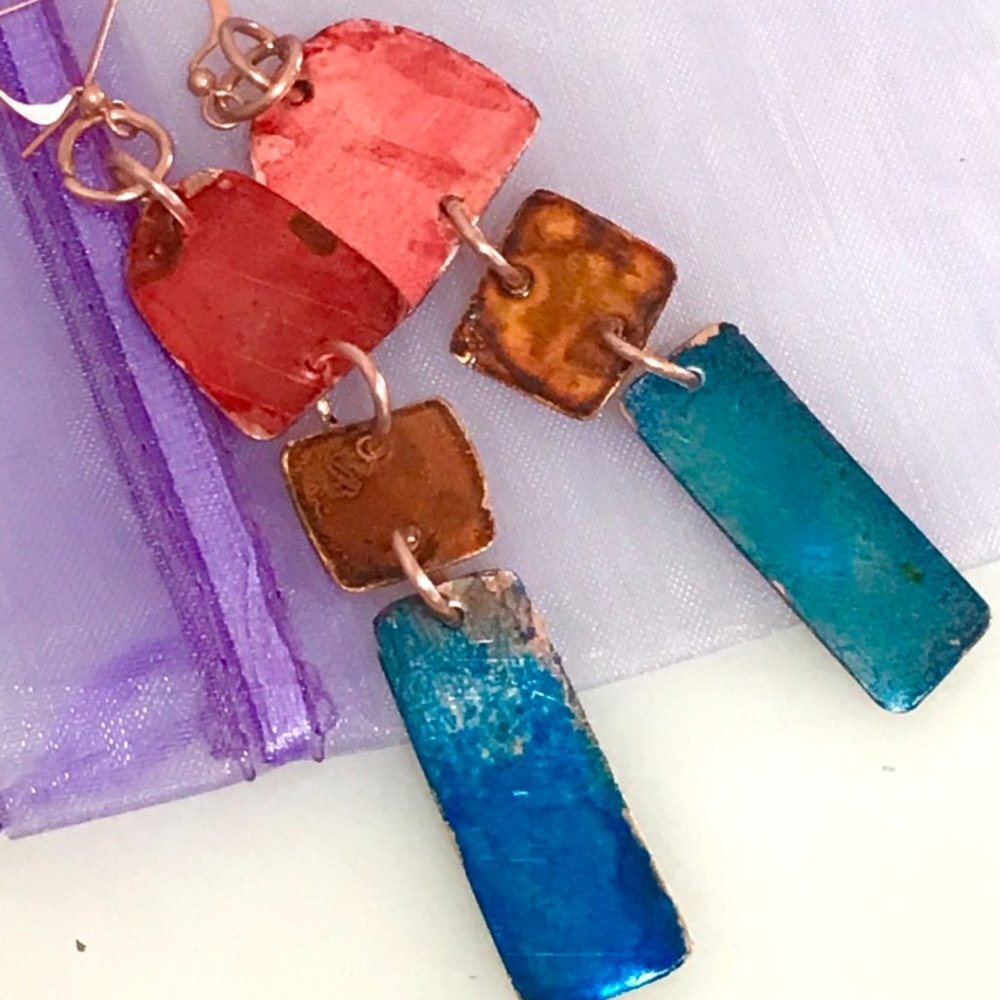 Primitive Brutalist Copper Earrings Boho Gift Chartreuse Festival Handmade